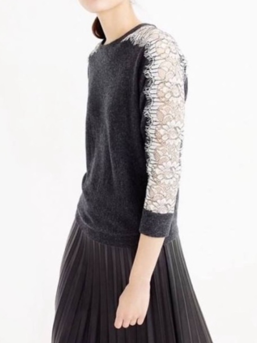 J. CREW Charcoal Grey Lace Top Dolman Sleeve Crew Neck Sweater Size XS
